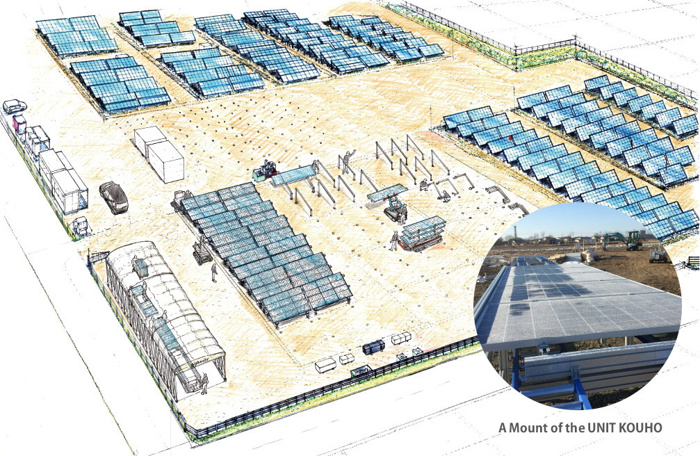 ユニット工法のメガソーラー建設現場